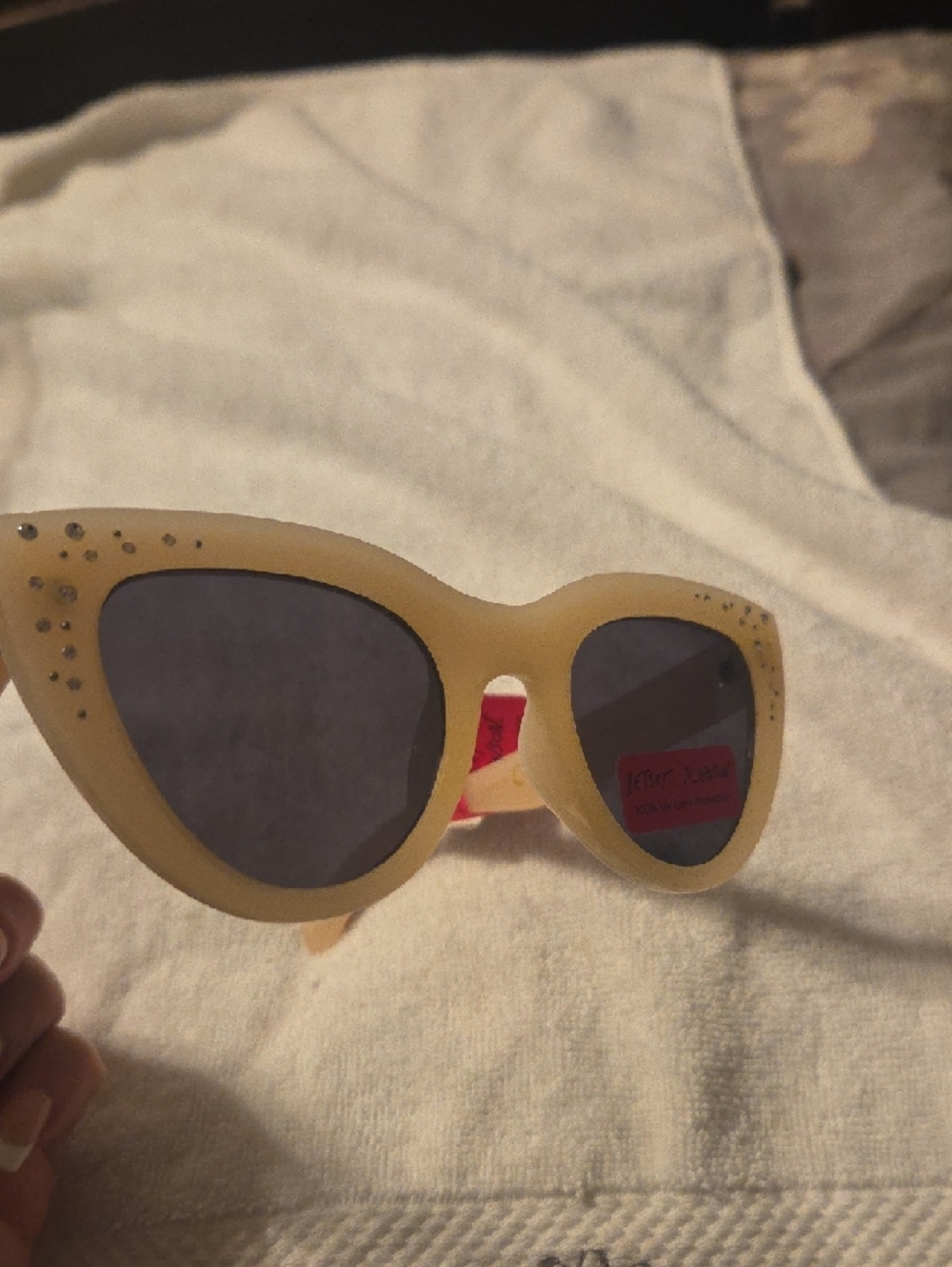 Betsey Johnson Cream Cat-Eye Sunglasses with Rhinestone Accents(30) - Picture 4 of 4